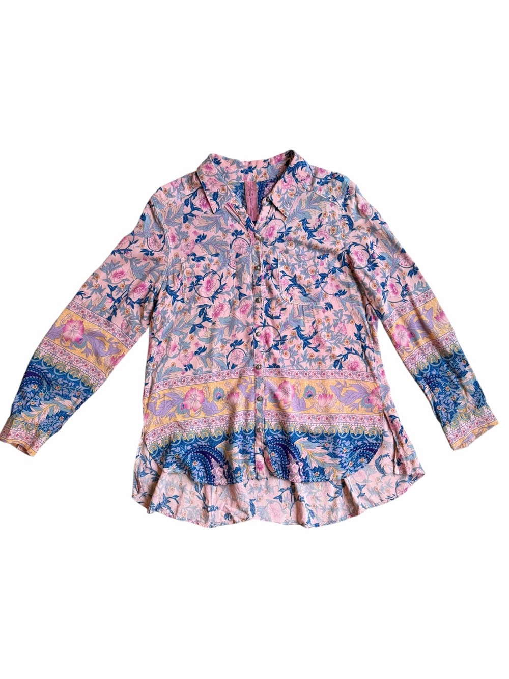 Aratta Silent Journey Pink and Blue Boho Paisley Floral Button Up Top